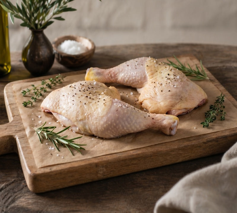 Raw free range chicken legs from The Black Farmer, fresh British poultry ideal for roasting or grilling.