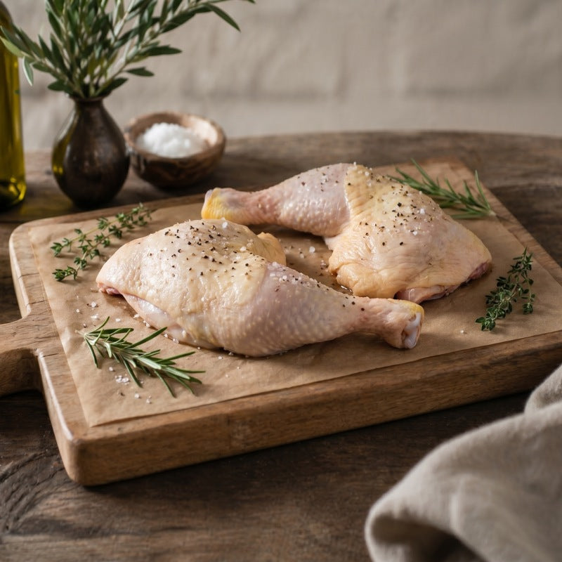 Raw free range chicken legs from The Black Farmer, fresh British poultry ideal for roasting or grilling.