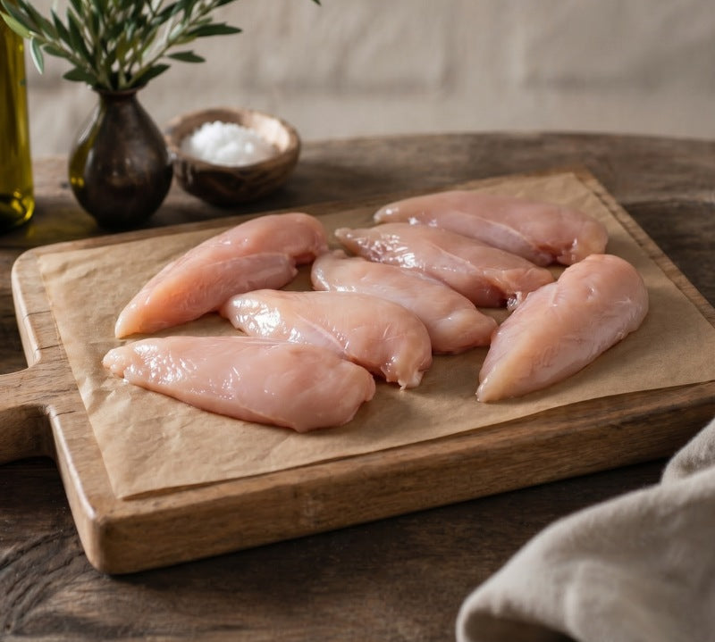 Raw chicken breasts on a wooden board.