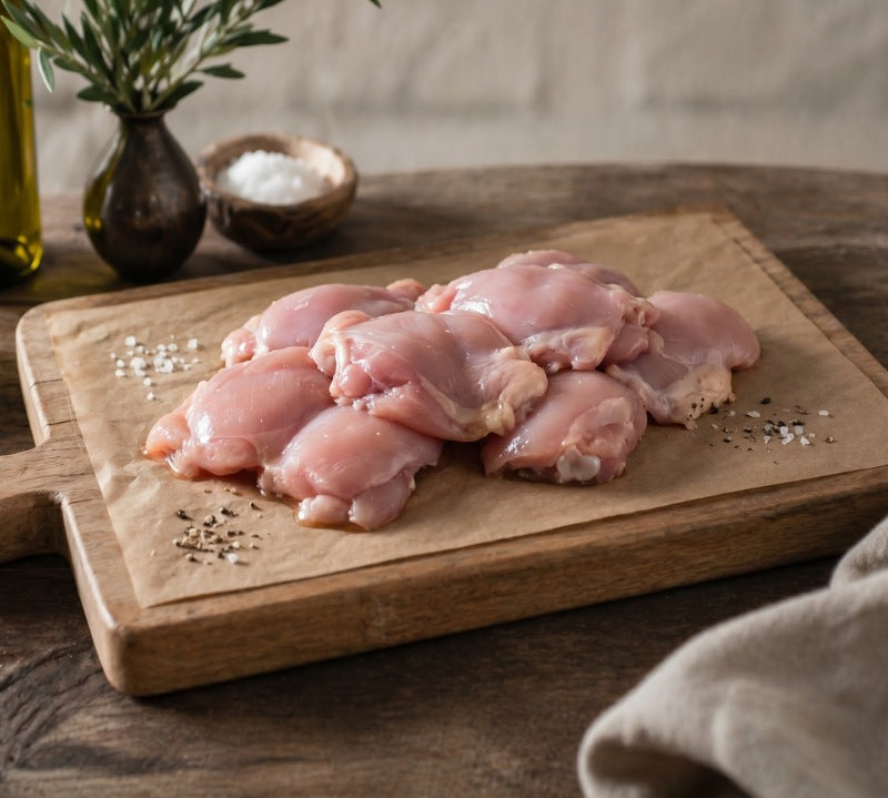 Boneless, skinless free range chicken thigh fillets from The Black Farmer – fresh British poultry ready to cook.
