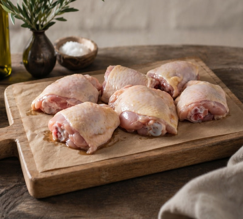 Free range British chicken thighs, bone-in and skin-on, on rustic wooden board — The Black Farmer