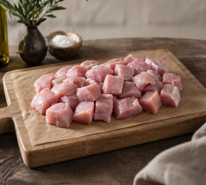 Diced free-range British turkey pieces in tray, lean high-protein poultry ideal for stir-fries and healthy meals.