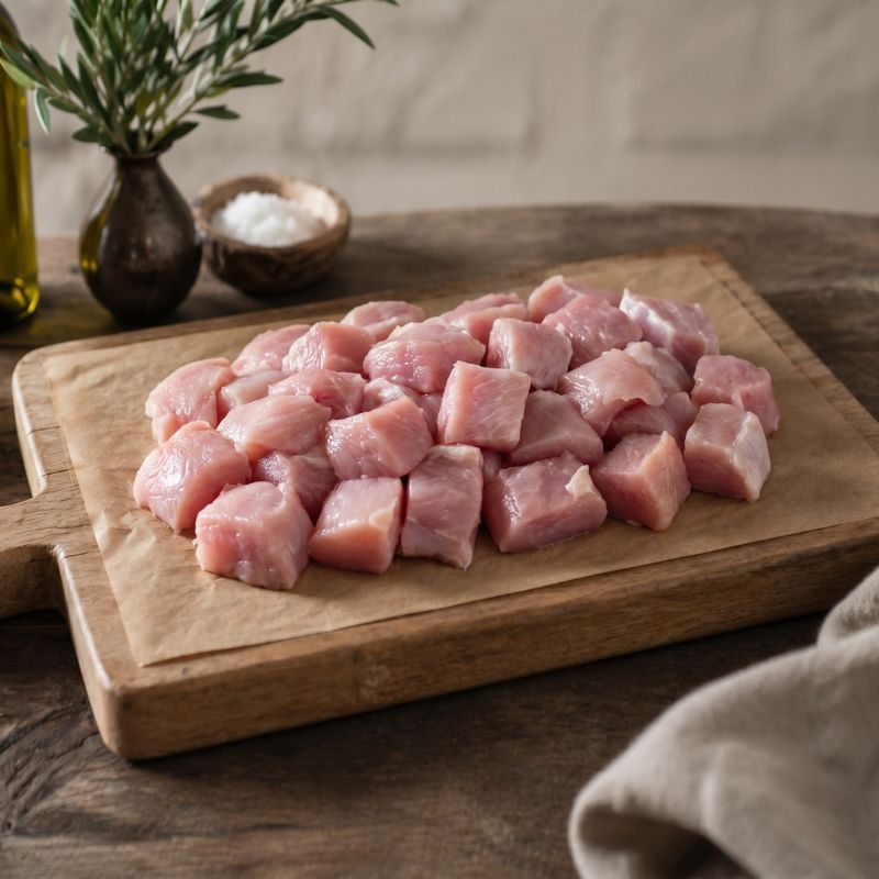 Diced free-range British turkey pieces in tray, lean high-protein poultry ideal for stir-fries and healthy meals.