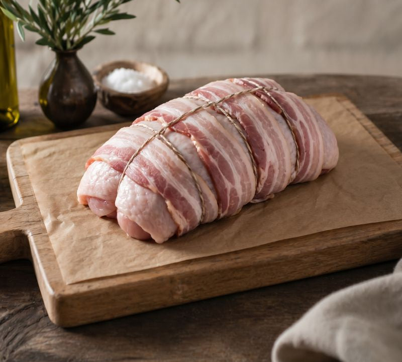 Free range boneless turkey breast crown rolled and topped with bacon, ready for roasting.