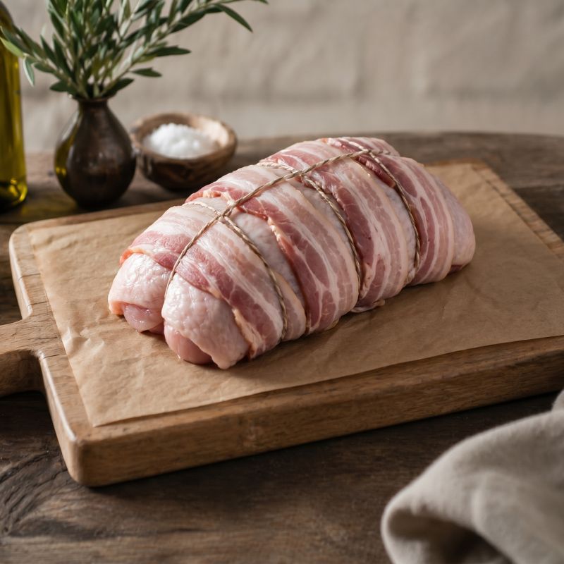 Free range boneless turkey breast crown rolled and topped with bacon, ready for roasting.