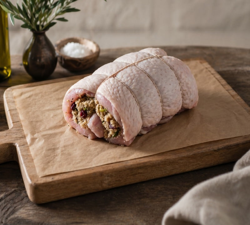 Free Range boneless turkey breast crown rolled with gluten-free stuffing, raw joint for roasting.