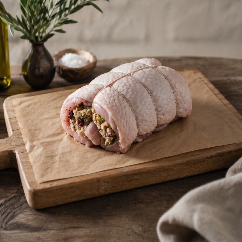 Free Range boneless turkey breast crown rolled with gluten-free stuffing, raw joint for roasting.