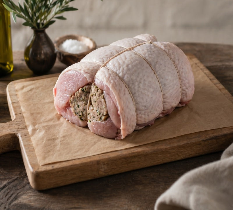 Boneless rolled turkey breast crown filled with gluten-free sage and onion stuffing, ready for roasting — The Black Farmer.