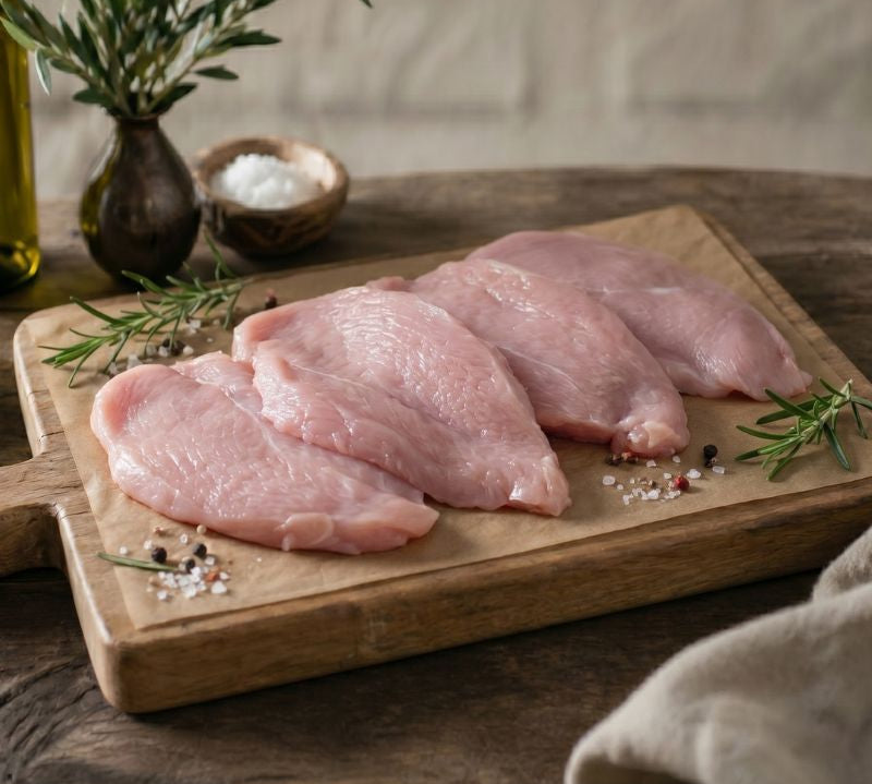 Raw free-range turkey breast steak on display, lean British poultry ideal for healthy high-protein meals