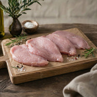 Raw free-range turkey breast steak on display, lean British poultry ideal for healthy high-protein meals