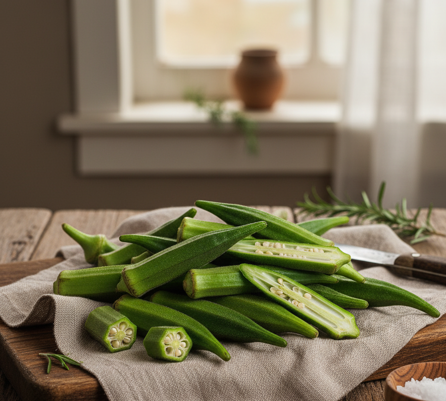 Green okra on a wooden cutting board with a bowl of salt in a kitchen setting