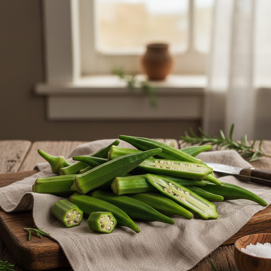 Green okra on a wooden cutting board with a bowl of salt in a kitchen setting