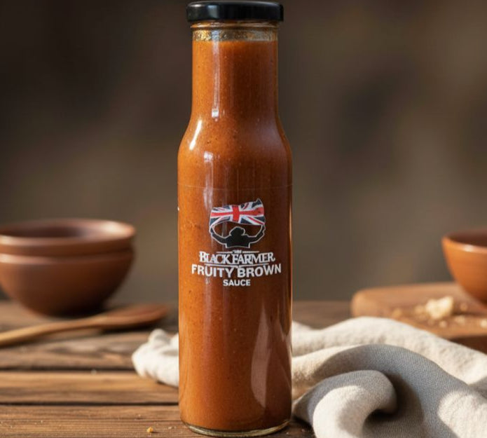 Bottle of Black Farmer Fruity Brown Sauce on a wooden table with bowls in the background