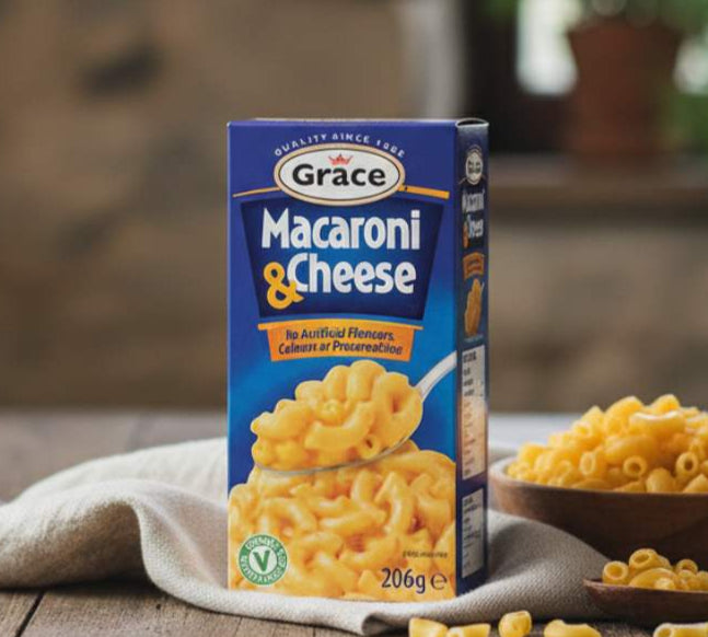 Grace Macaroni & Cheese 206g — Caribbean instant mac and cheese in blue box with creamy pasta bowl