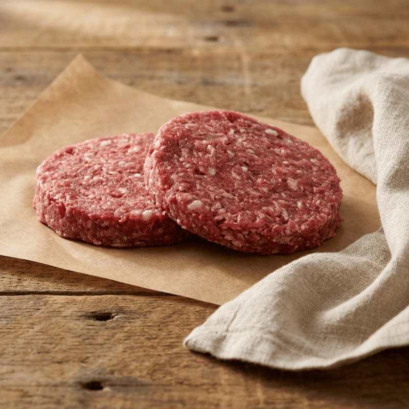 Two raw jerk-seasoned goat burger patties on a board with spices, garlic and herbs – The Black Farmer.