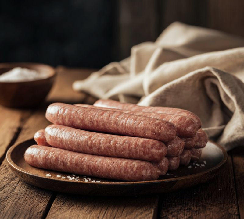 Raw sausages on a wooden plate with a cloth and salt in the background