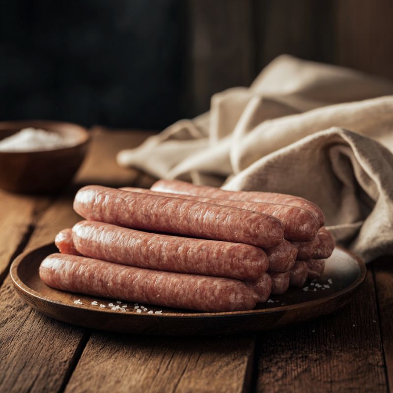 Raw sausages on a wooden plate with a cloth and salt in the background