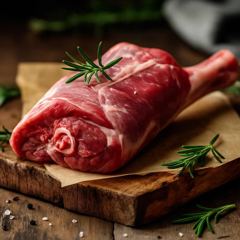 A high-resolution photograph of raw diced goat leg meat arranged on a rustic wooden board with parchment paper and garnished with fresh rosemary sprigs.