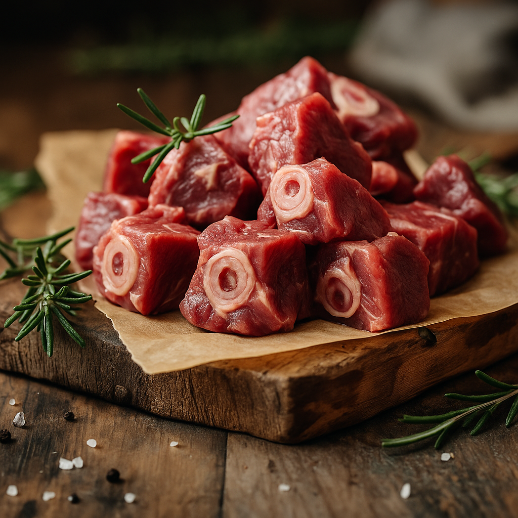 A digital photograph showcases a pile of diced raw goat meat with bone, arranged on parchment paper atop a rustic wooden surface. Sprigs of rosemary and scattered sea salt add a fresh, natural touch.