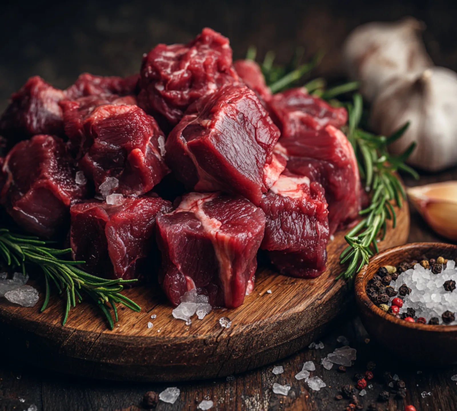 Raw beef chunks on a wooden board with herbs and spices