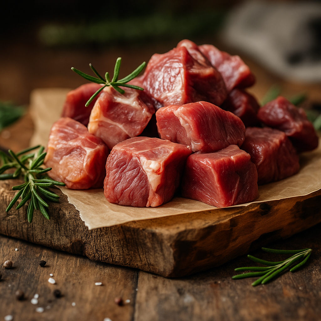 A close-up photograph of diced goat and mutton meat, showing distinct cuts—goat meat appears darker and leaner while mutton pieces are lighter with visible marbling—arranged on parchment paper over a rustic wooden board with rosemary and salt scattered around.