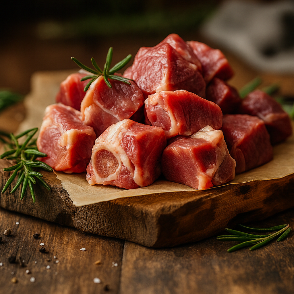 A rustic wooden board topped with a pile of diced raw mutton and goat meat on the bone, arranged on parchment paper and garnished with sprigs of fresh rosemary.