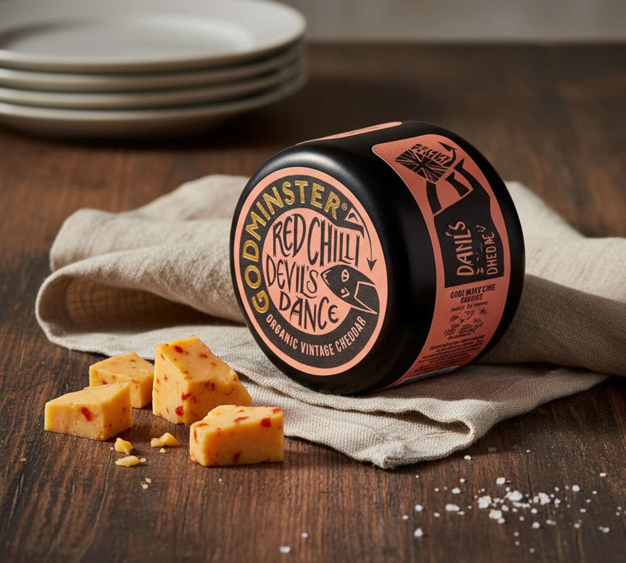 Godminster Chilli organic cheddar round with smooth texture and mild chilli warmth.