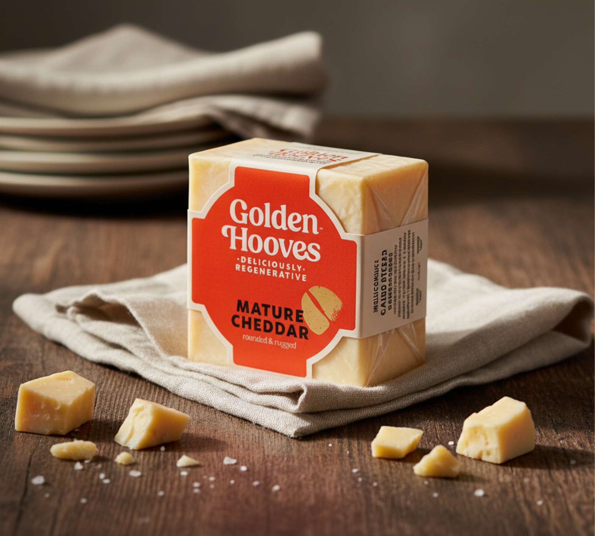 Golden Hooves Mature Cheddar block, 200g rich and creamy mature British cheese.