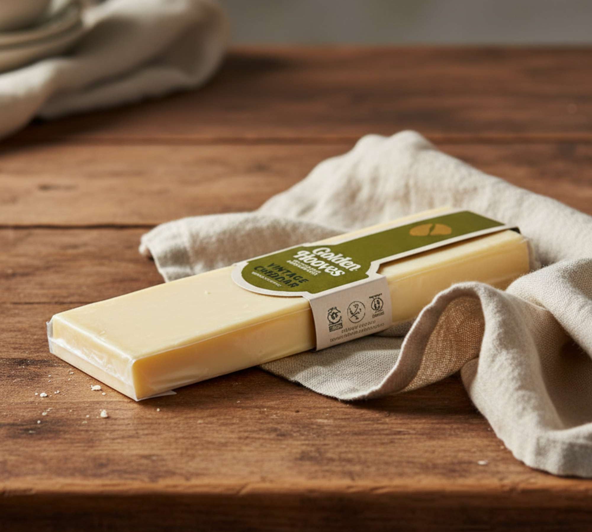 Golden Hooves Vintage Cheddar block, 200g extra-mature British cheddar.