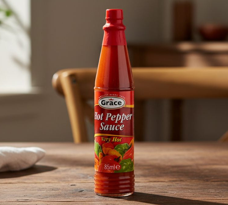 Grace Hot Pepper Sauce 85ml bottle on wooden table with Scotch Bonnet peppers