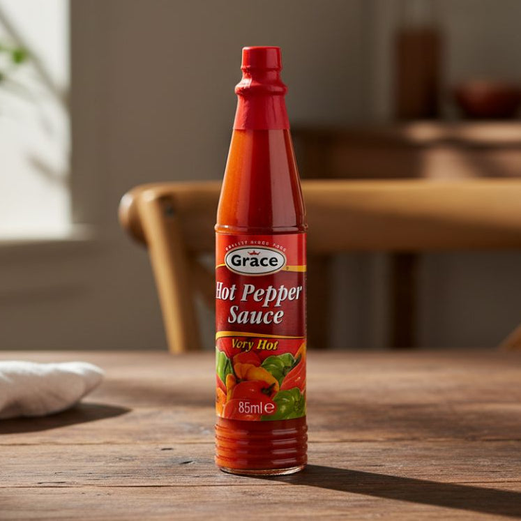 Grace Hot Pepper Sauce 85ml bottle on wooden table with Scotch Bonnet peppers