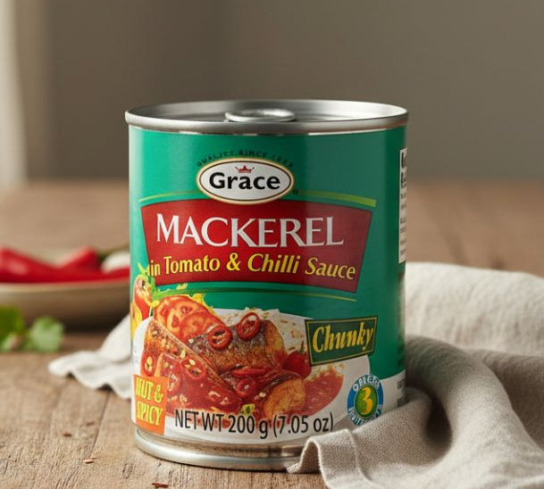 Grace Mackerel in Tomato & Chilli Sauce 200g tin with chilli peppers and wooden background.