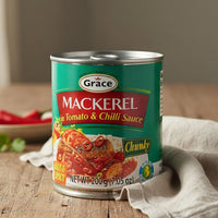Grace Mackerel in Tomato & Chilli Sauce 200g tin with chilli peppers and wooden background.