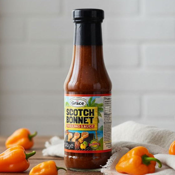 Bottle of Grace Scotch Bonnet Grilling Sauce 340g with Scotch bonnet peppers on a wooden table.