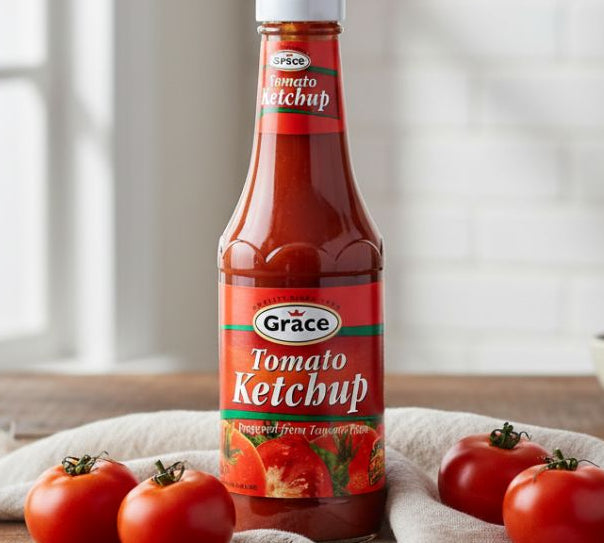 Grace Tomato Ketchup 385g bottle on wooden table with fresh tomatoes and dipping bowl.