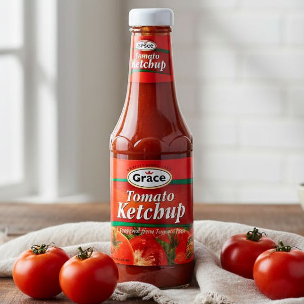 Grace Tomato Ketchup 385g bottle on wooden table with fresh tomatoes and dipping bowl.