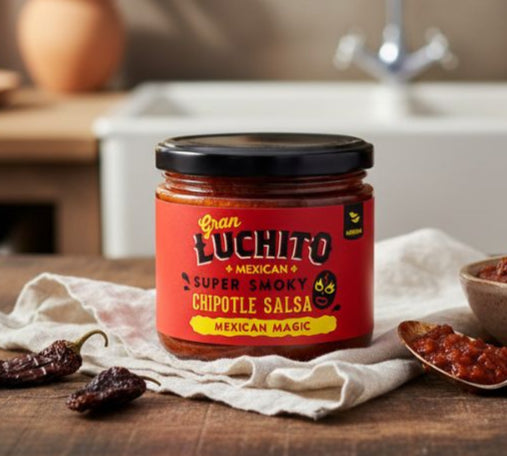 Jar of Gran Luchito chipotle salsa on a kitchen counter with a bowl and spoon.