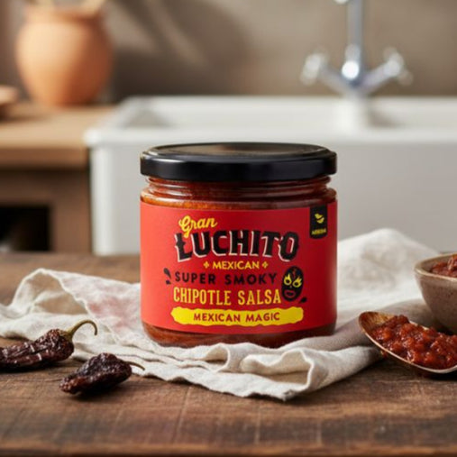 Jar of Gran Luchito chipotle salsa on a kitchen counter with a bowl and spoon.