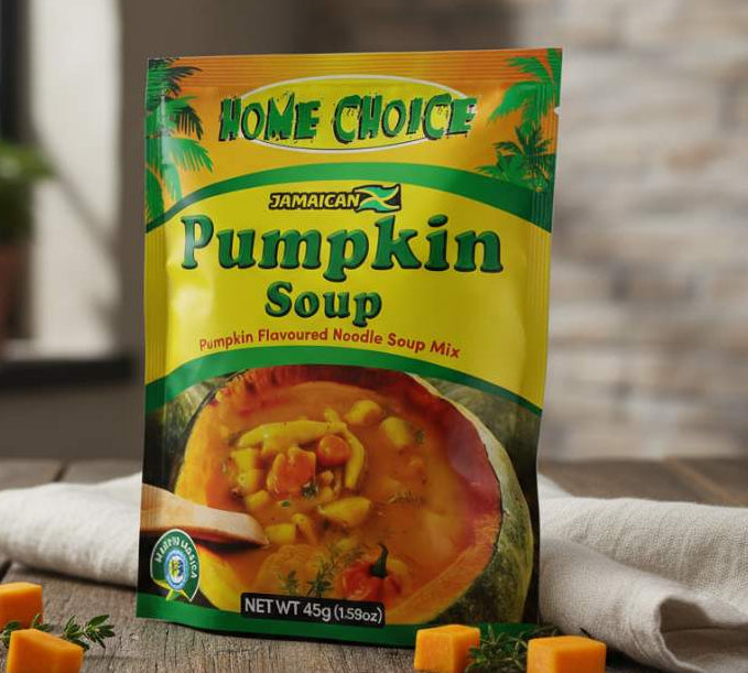 Home Choice Pumpkin Soup 45g — creamy Caribbean-style instant pumpkin soup mix in yellow and green packaging