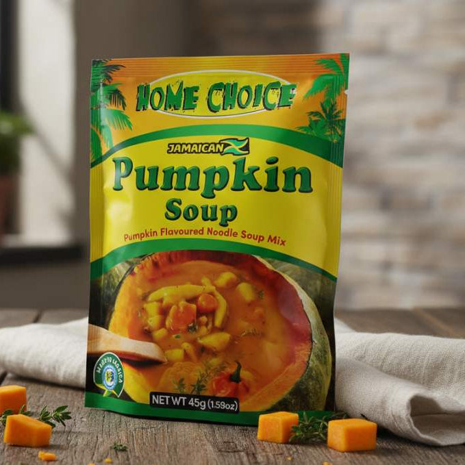 Home Choice Pumpkin Soup 45g — creamy Caribbean-style instant pumpkin soup mix in yellow and green packaging