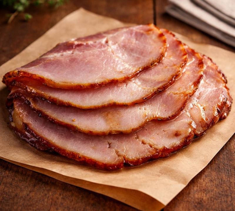 Sliced ham on a wooden plate with a wooden background