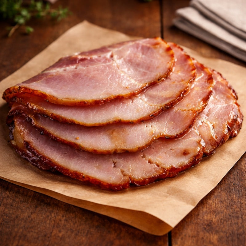 Sliced ham on a wooden plate with a wooden background