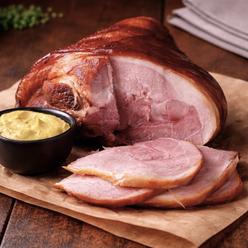 A succulent smoked ham hock, sliced and accompanied by a bowl of mustard, displayed on a wooden board for a rustic touch.