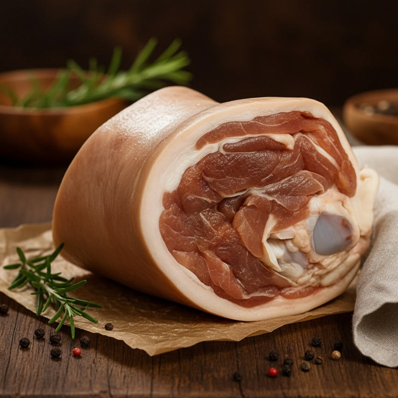 Unsmoked Ham Hock (Approx. 800g) – British pork hock from The Black Farmer, ideal for slow cooking and braising.