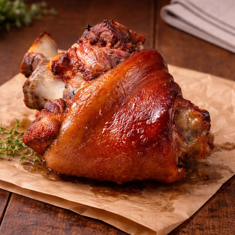A tender unsmoked ham hock garnished with fresh rosemary, served on a wooden board for an elegant presentation.