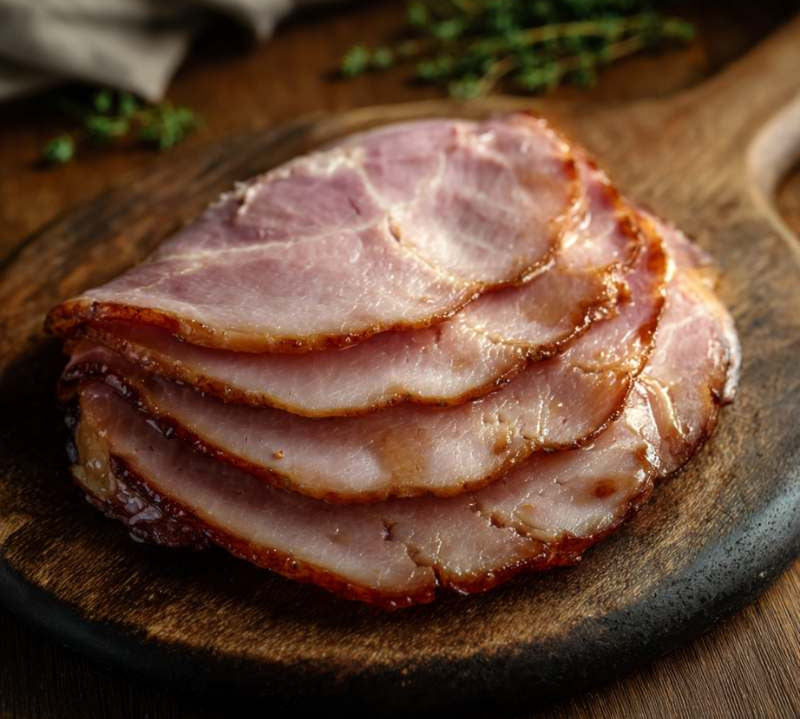 Sliced ham on a wooden plate with a wooden background