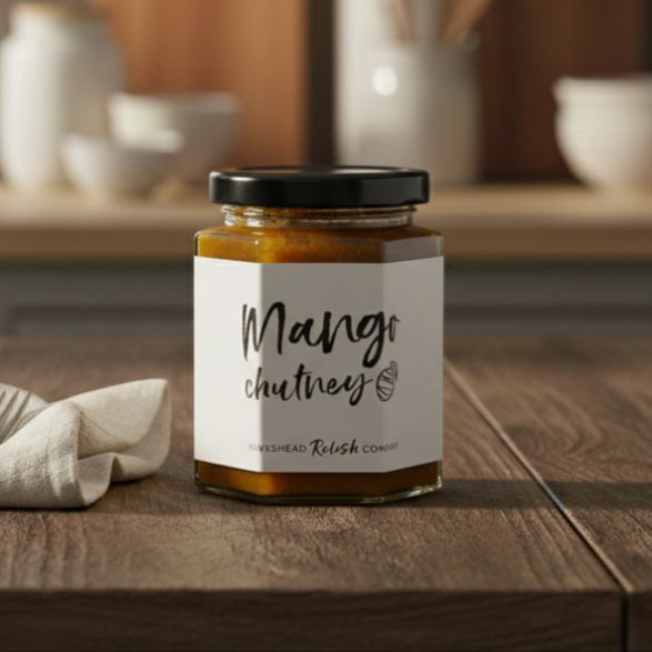 Jar of mango chutney on a wooden table with kitchen utensils in the background