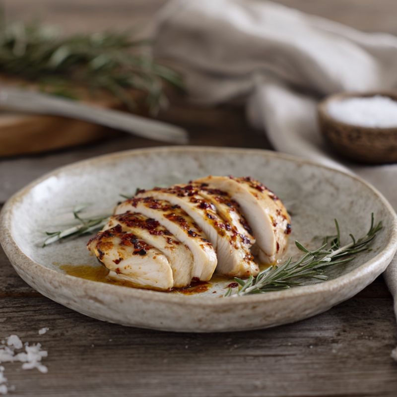 hot-and-spicy chicken breast fillets on a board with chillies and herbs – The Black Farmer.