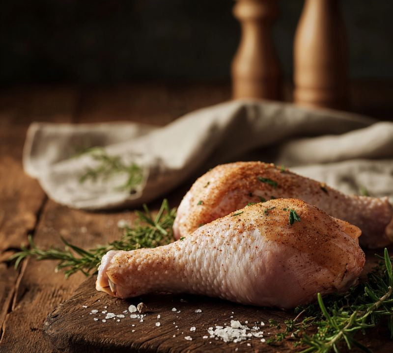 Raw hot-and-spicy marinated chicken legs (thigh & drumstick) on a board with herbs – The Black Farmer.
