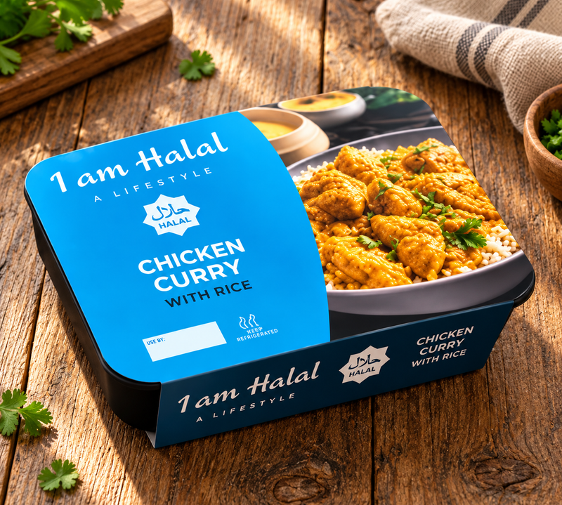 I am Halal chicken curry with rice ready meal in blue-sleeved packaging on a wooden table